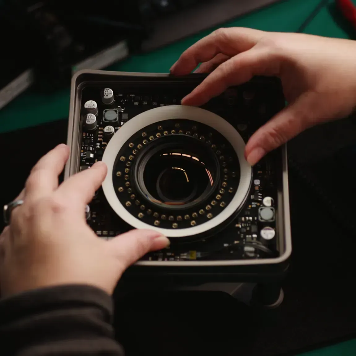 A camera ring being assembled.