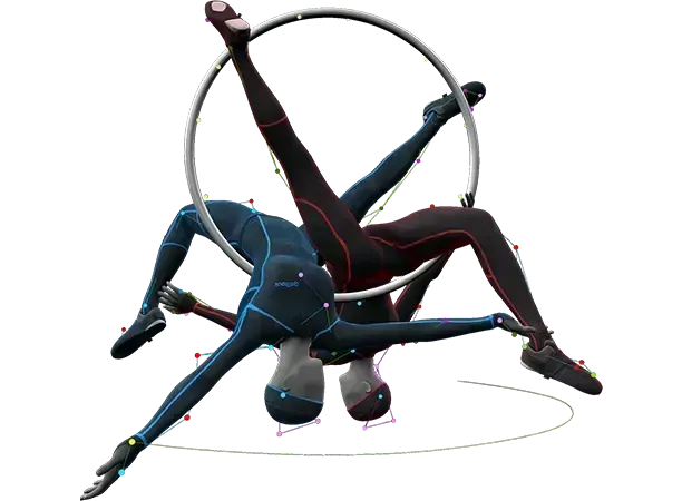 Two avatars wearing motion capture suits on a ring in a gymnastic pose.
